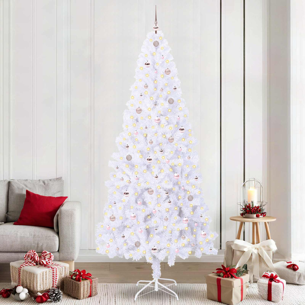 Konstgjord julgran med 300 LED-lampor Vit 240 cm PVC och stål