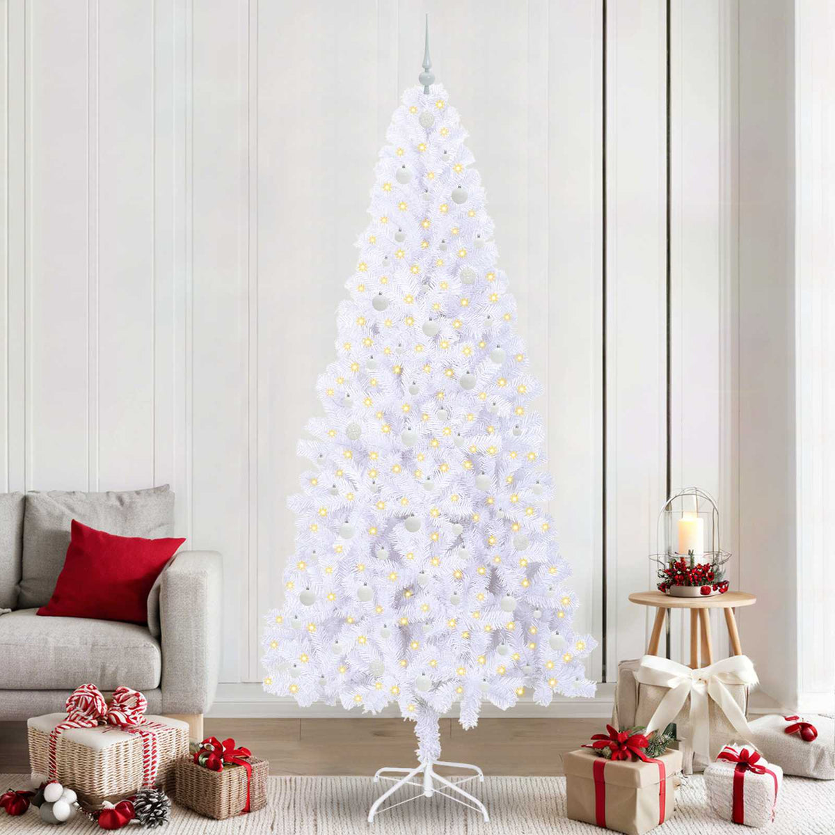 Konstgjord julgran med 300 LED-lampor Vit 240 cm PVC och stål