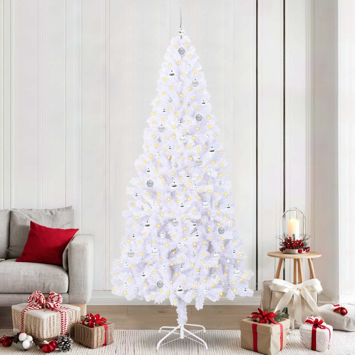 Konstgjord julgran med 300 LED-lampor Vit 240 cm PVC och stål