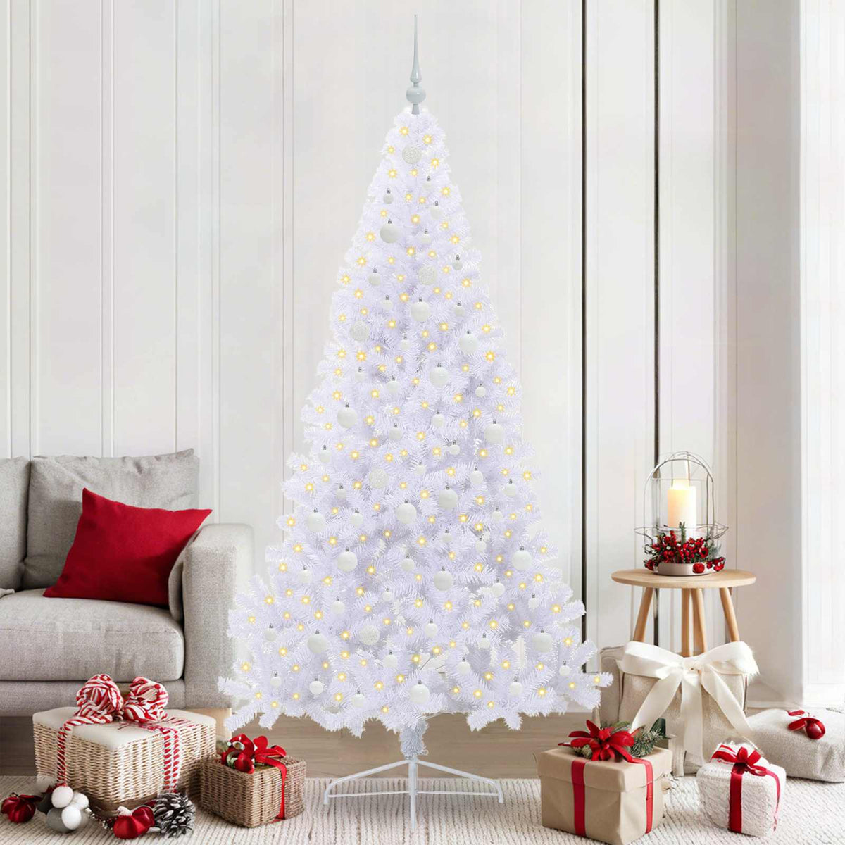 Konstgjord julgran med 300 LED-lampor Vit 210 cm PVC och stål