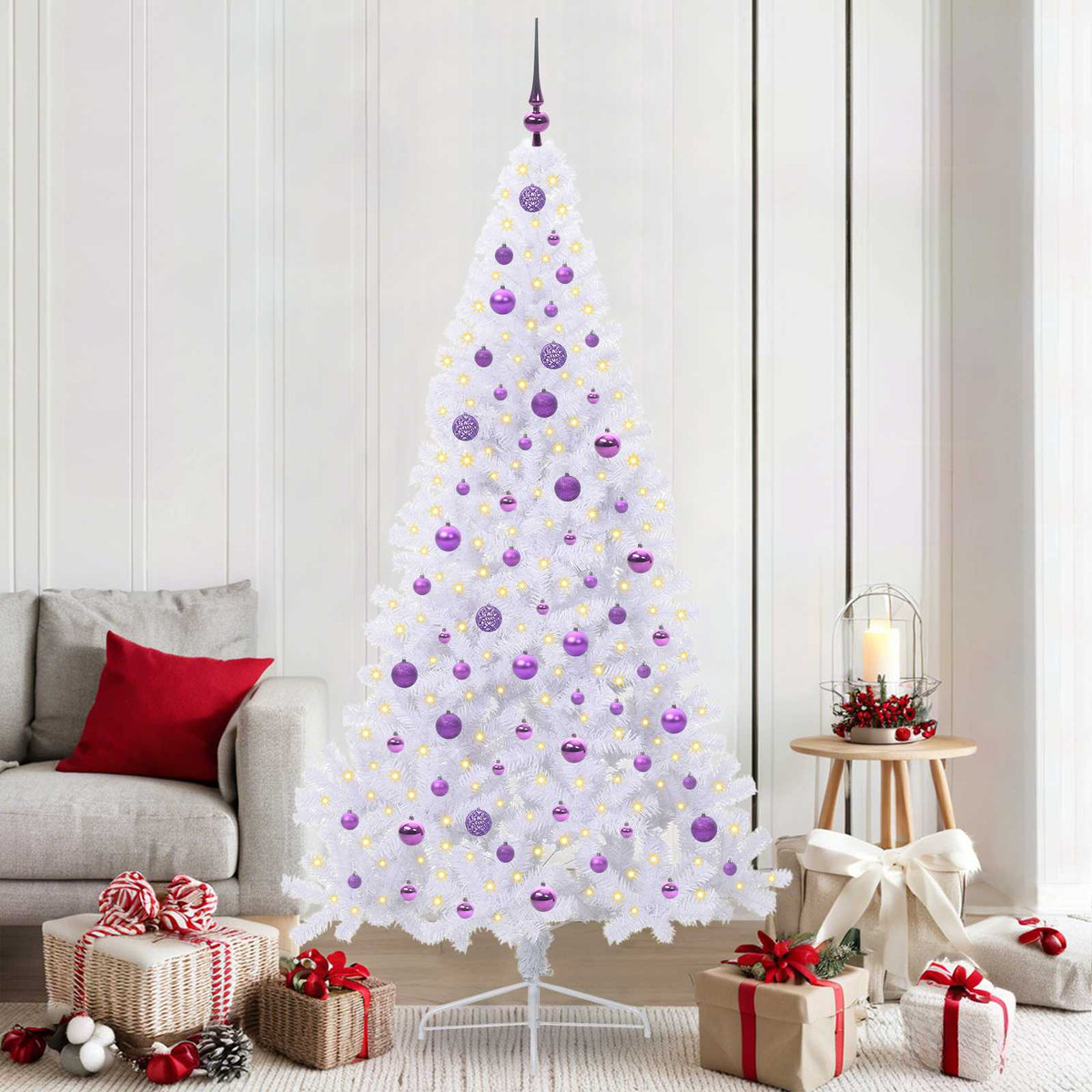 Konstgjord julgran med 300 LED-lampor Vit 210 cm PVC och stål