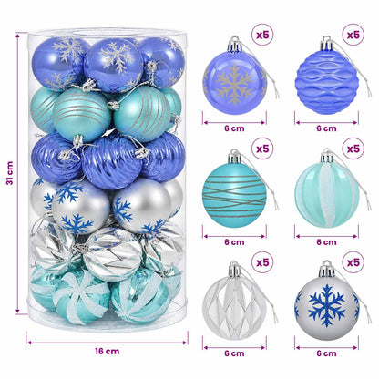 Julbollset 30 st Silver, blå och turkos Ø 6 cm Plast
