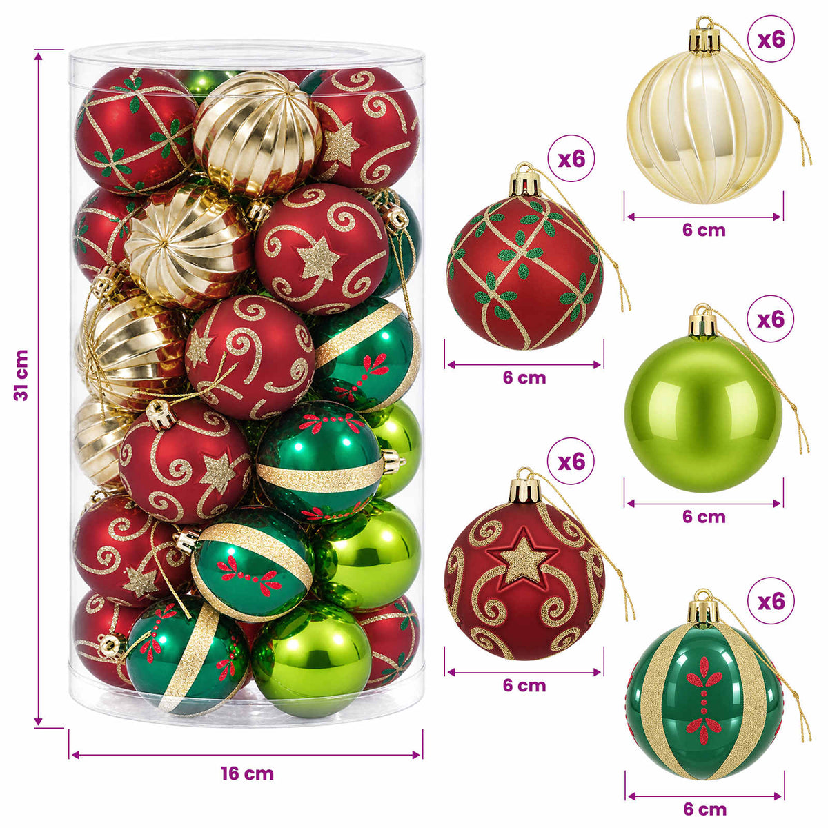 Julbollset 30 st Röd, grön och guld Ø 6 cm Plast