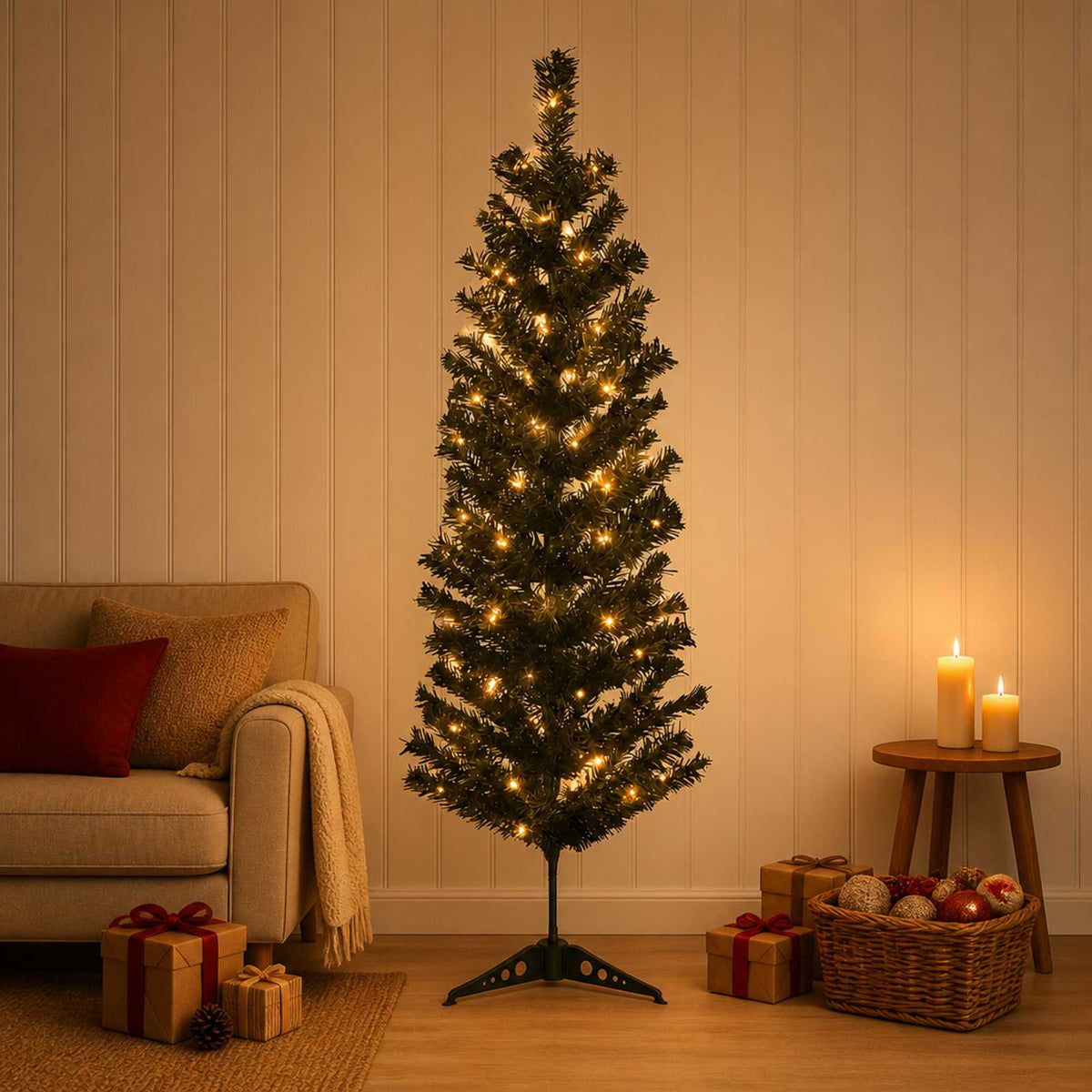 Konstgjort smalt julträd 150 cm 150 LED-lampor Varmvit