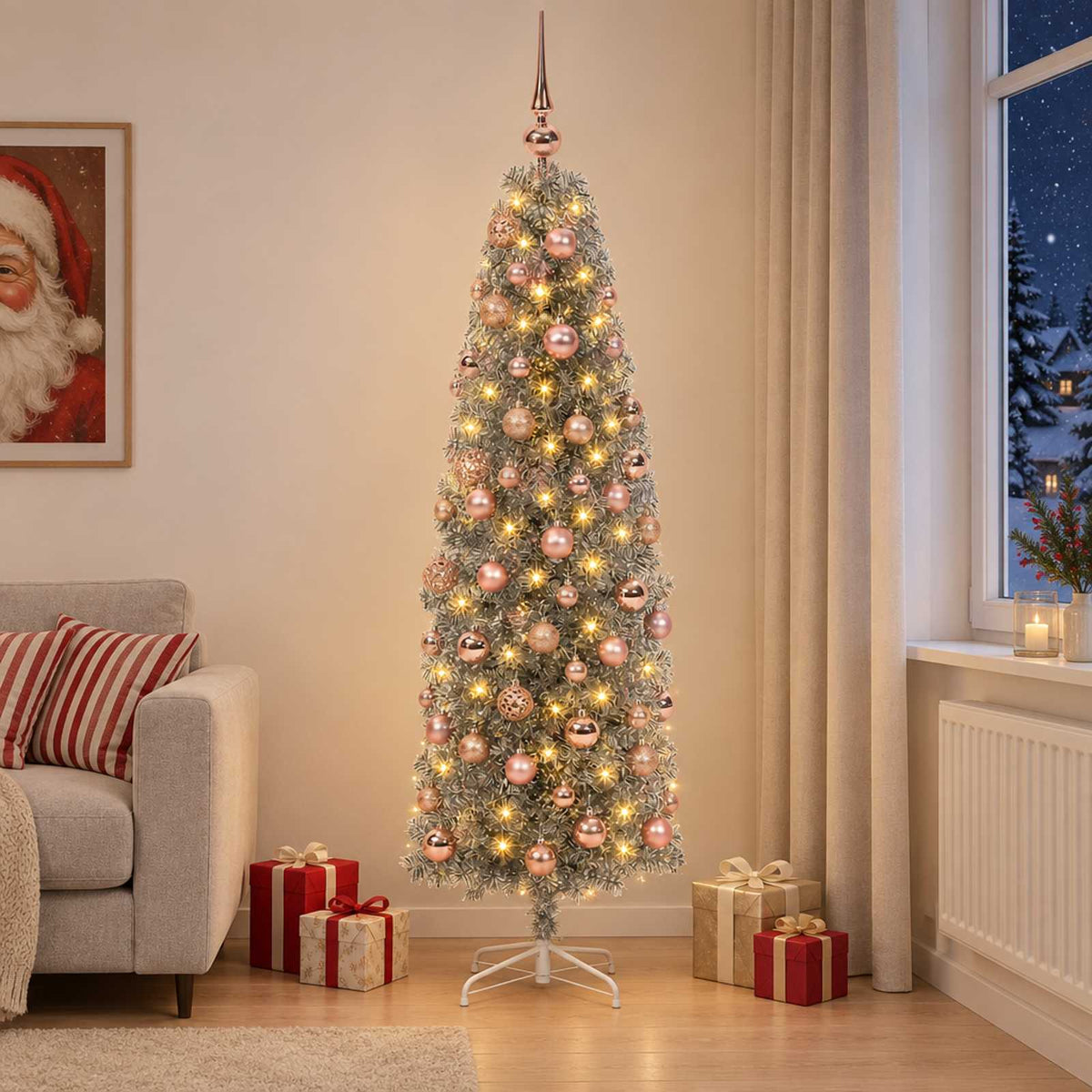 Smal konstgjord julgran med julkulor 180 cm 300 LED-lampor