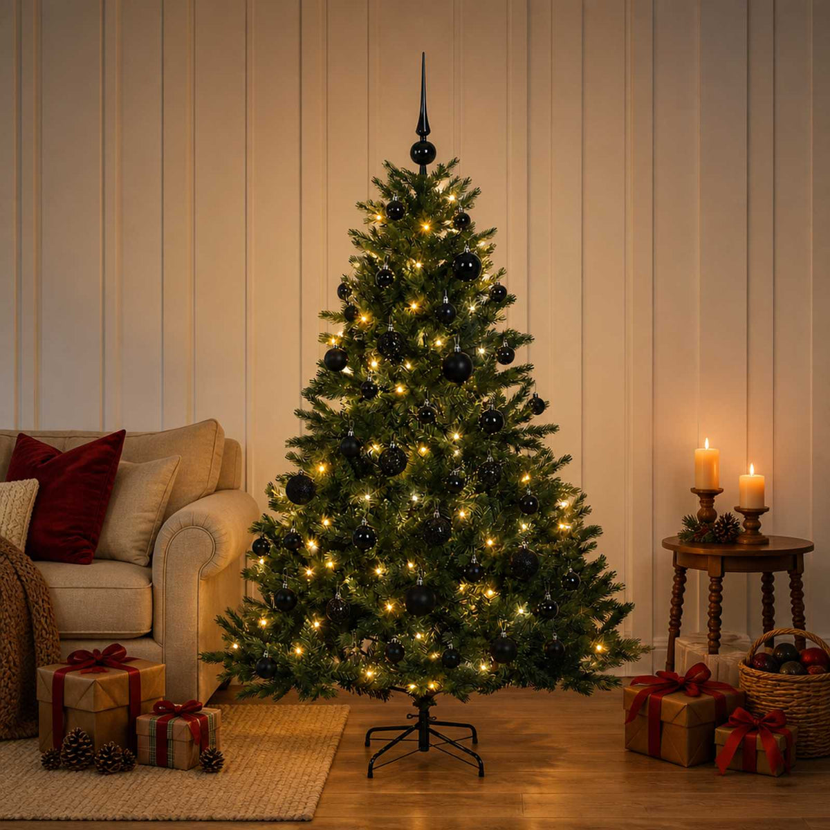Konstgjord julgran med julkulor 150 cm 150 LED-lampor Varmvit