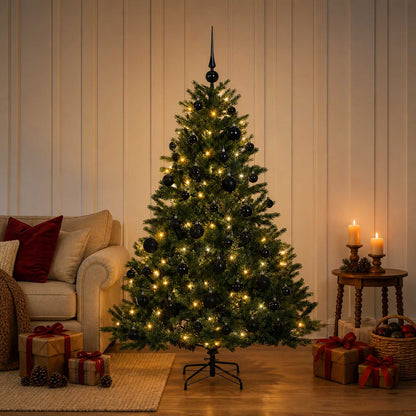 Konstgjord julgran med julkulor 150 cm 150 LED-lampor Varmvit