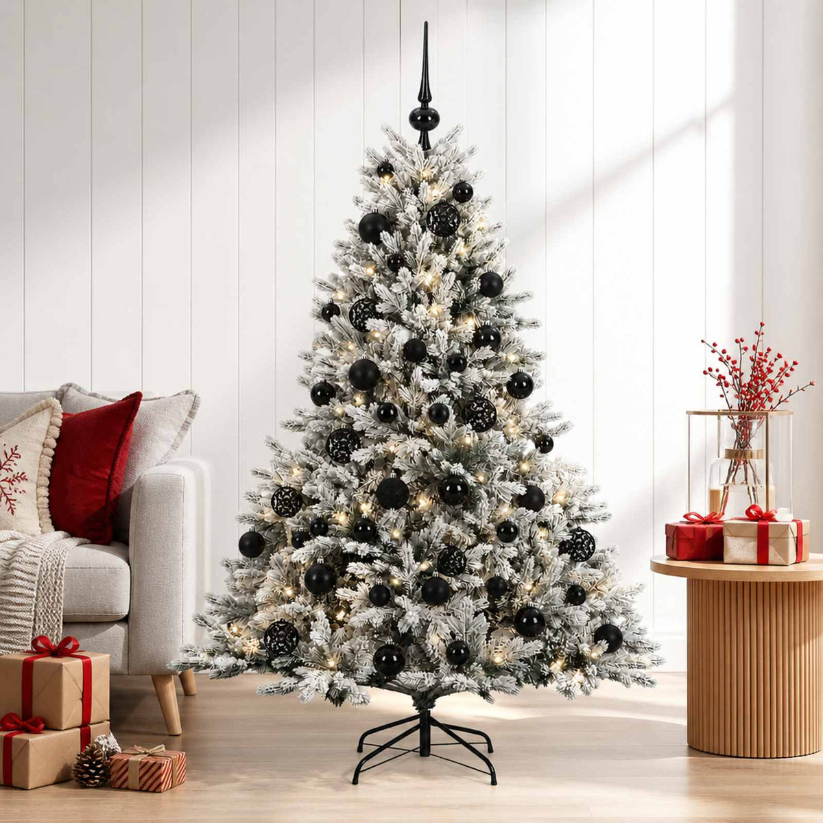 Konstgjord julgran med julkulor 150 cm 150 LED-lampor Varmvit