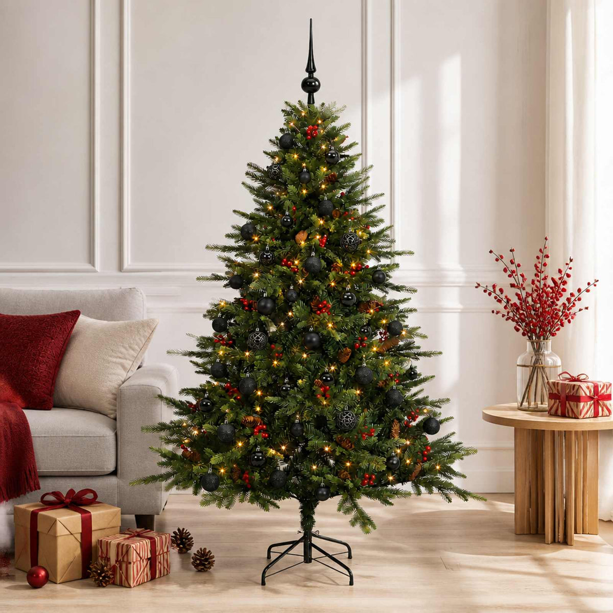 Konstgjord julgran med julkulor 120 cm 150 LED-lampor Varmvit