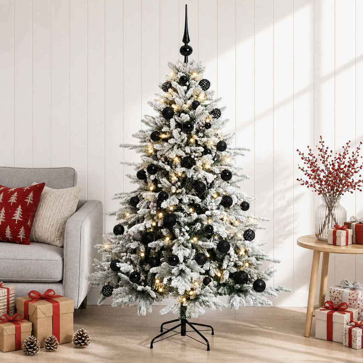 Konstgjord julgran med julkulor 120 cm 150 LED-lampor Varmvit