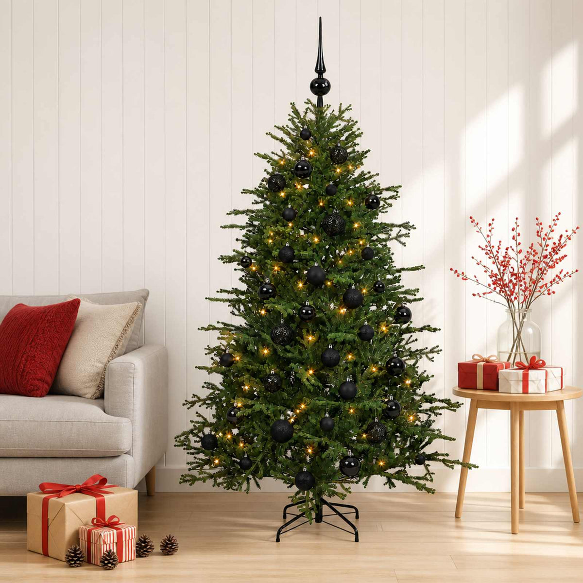 Konstgjord julgran med julkulor 120 cm 150 LED-lampor Varmvit