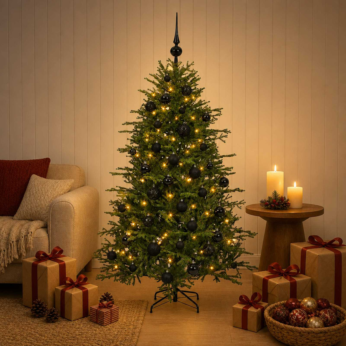 Konstgjord julgran med julkulor 120 cm 150 LED-lampor Varmvit