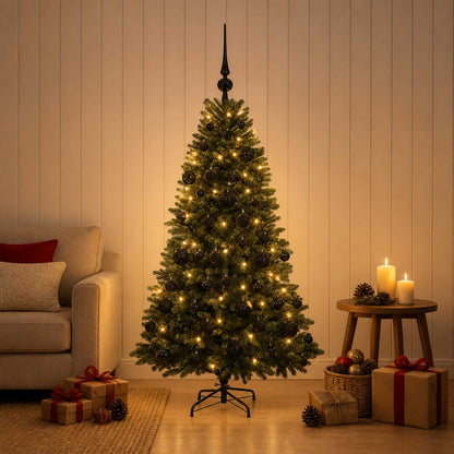 Konstgjord julgran med kulor 120 cm 150 LED-lampor Varmvit