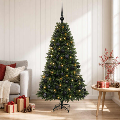 Konstgjord julgran med kulor 120 cm 150 LED-lampor Varmvit