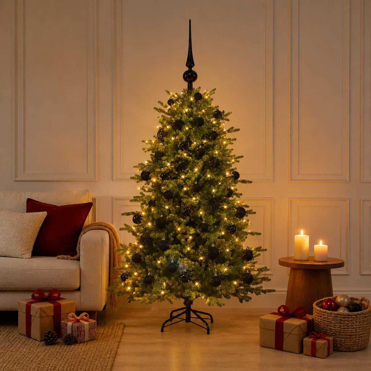 Konstgjord julgran med julkulor 150 cm 150 LED-lampor Varmvit