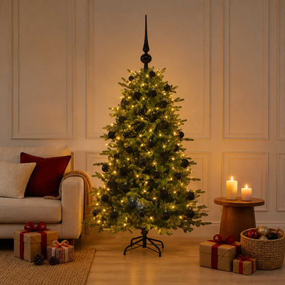 Konstgjord julgran med julkulor 150 cm 150 LED-lampor Varmvit
