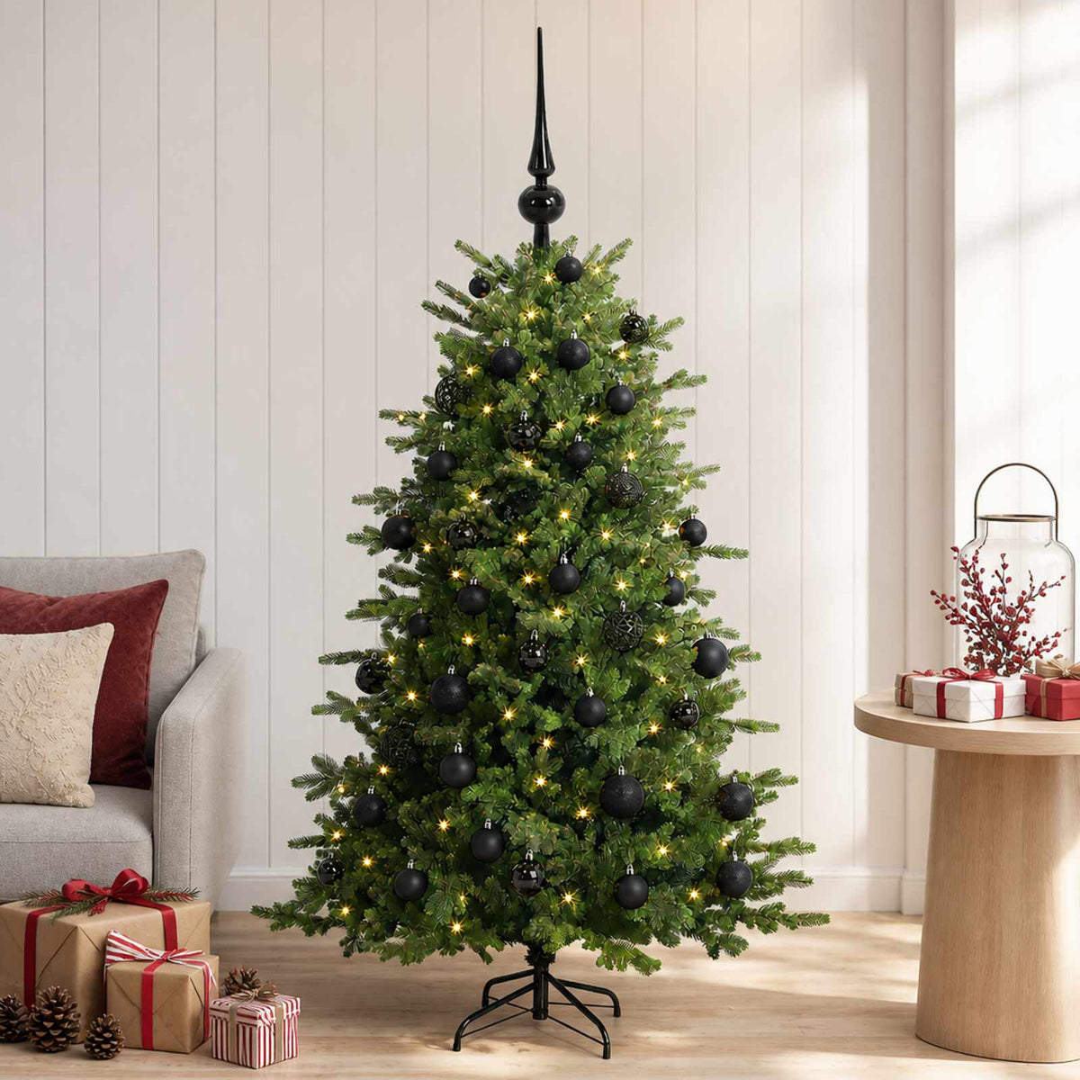 Konstgjord julgran med julkulor 150 cm 150 LED-lampor Varmvit