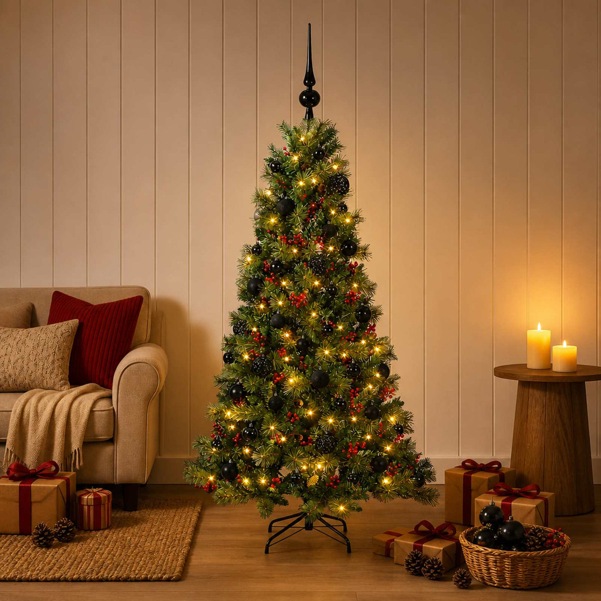 Konstgjord julgran med julkulor 150 cm 150 LED-lampor Varmvit