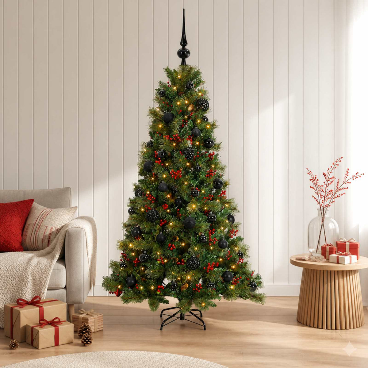 Konstgjord julgran med julkulor 150 cm 150 LED-lampor Varmvit