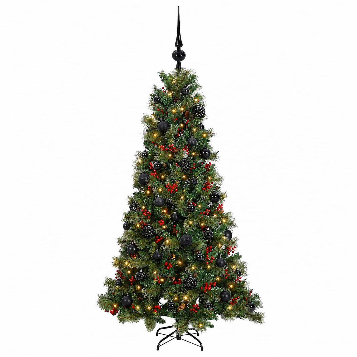 Konstgjord julgran med julkulor 150 cm 150 LED-lampor Varmvit