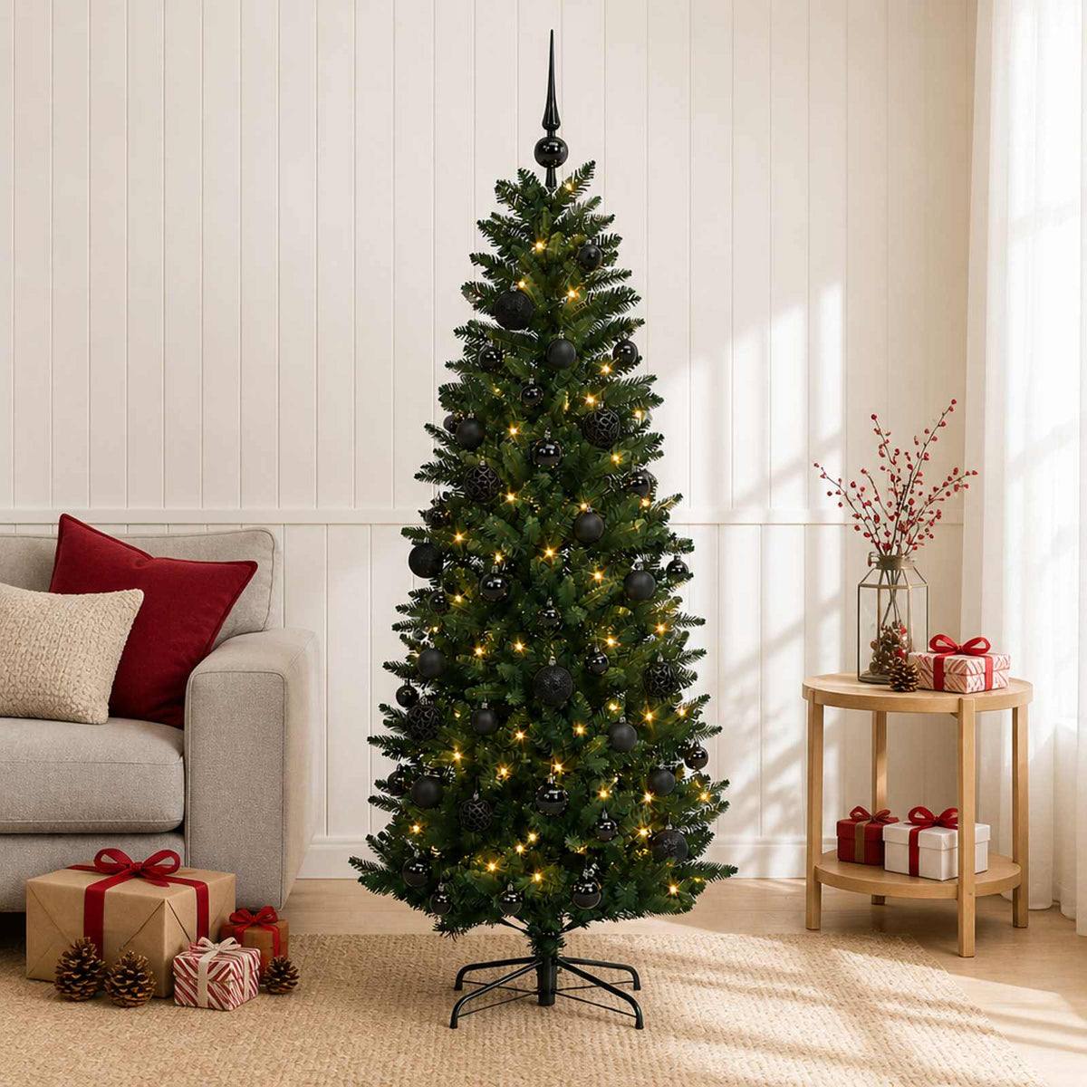 Konstgjord julgran med kulor 120 cm 150 LED-lampor Varmvit
