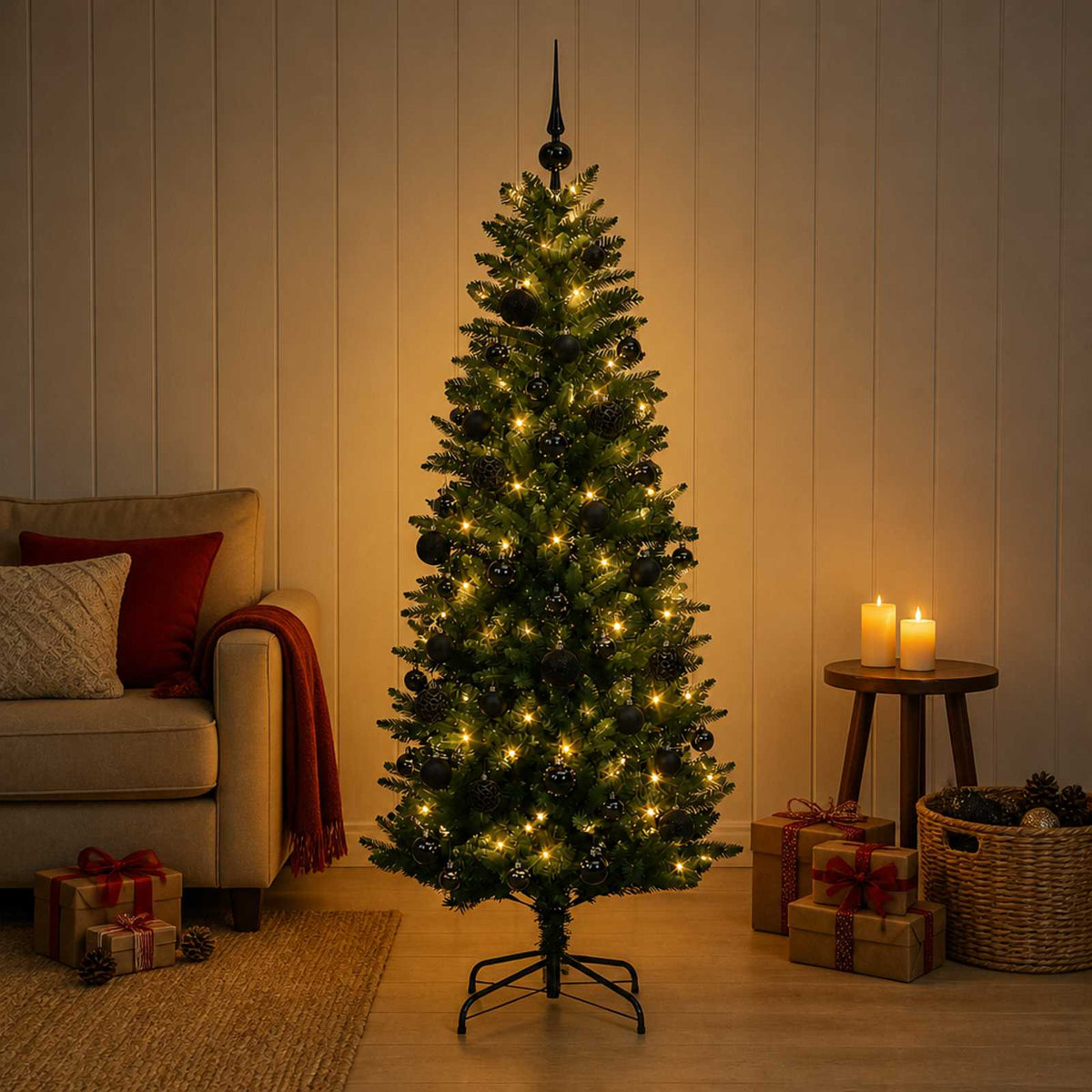 Konstgjord julgran med kulor 120 cm 150 LED-lampor Varmvit