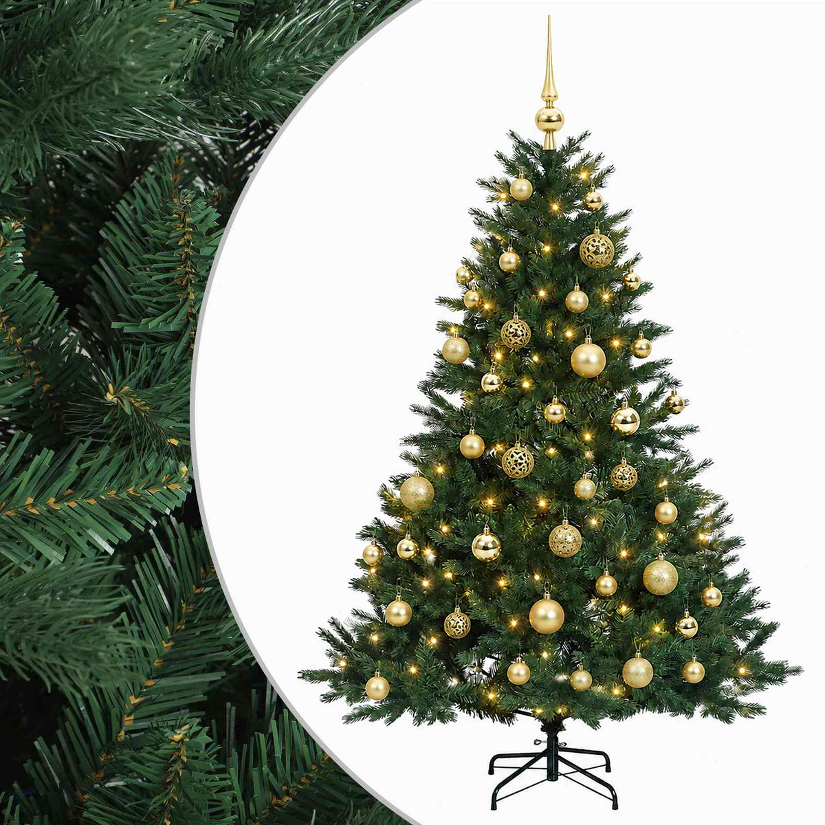 Konstgjord julgran med julkulor 150 cm 150 LED-lampor Varmvit
