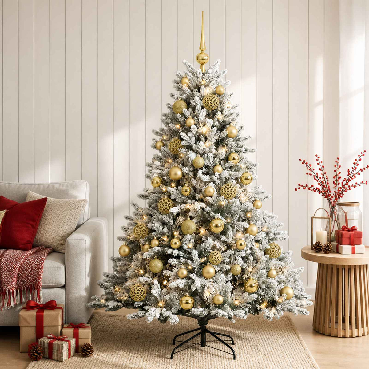 Konstgjord julgran med julkulor 120 cm 150 LED-lampor Varmvit