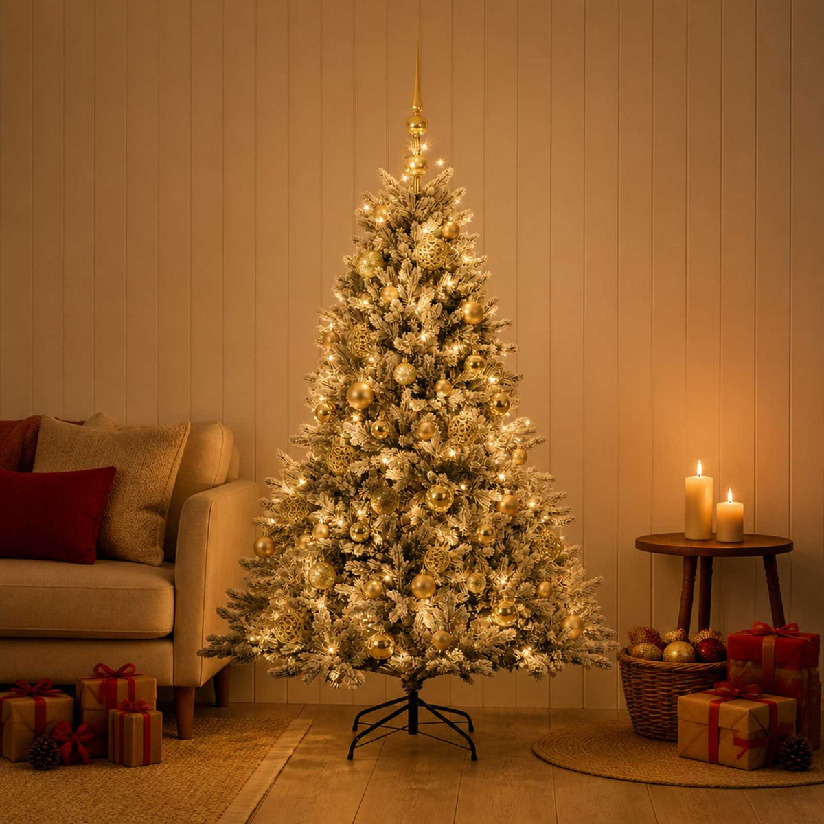 Konstgjord julgran med julkulor 120 cm 150 LED-lampor Varmvit