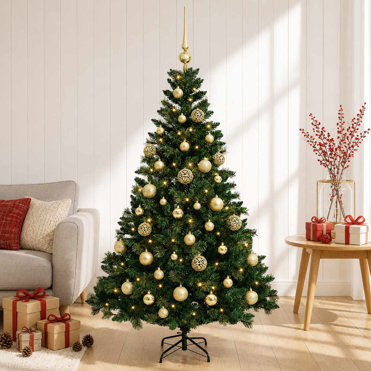 Konstgjord julgran med kulor 120 cm 150 LED-lampor Varmvit