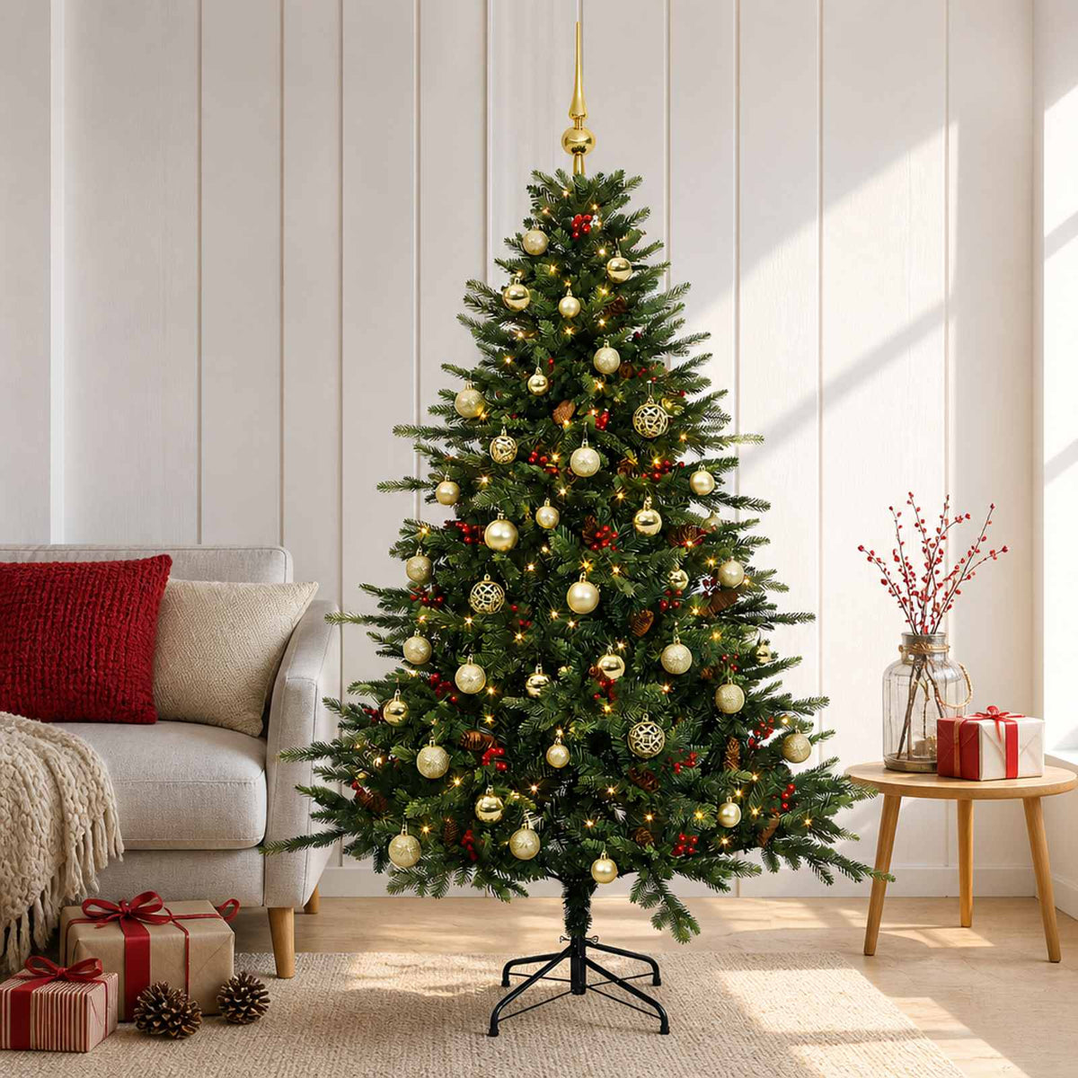 Konstgjord julgran med julkulor 150 cm 150 LED-lampor Varmvit
