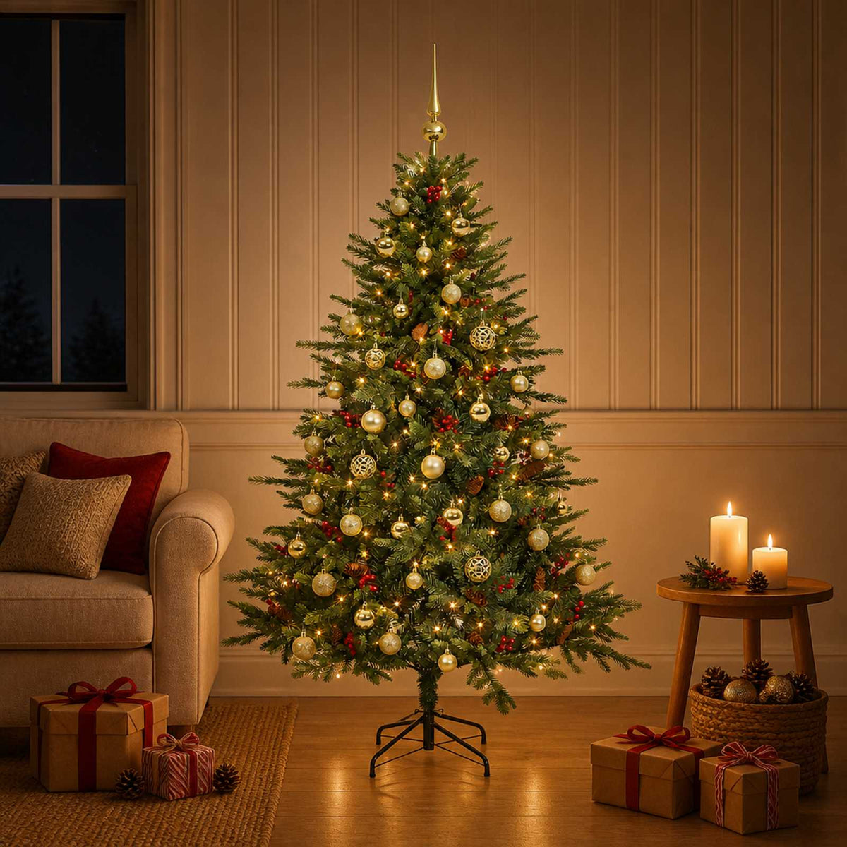 Konstgjord julgran med julkulor 150 cm 150 LED-lampor Varmvit