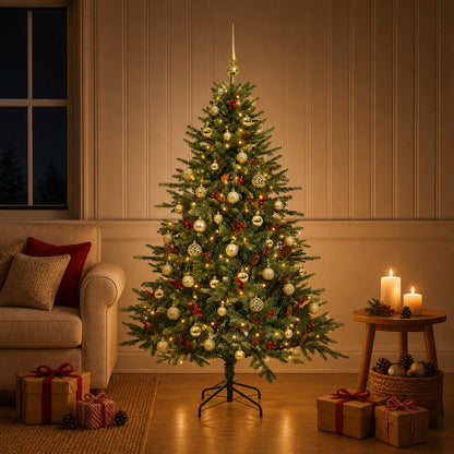 Konstgjord julgran med julkulor 150 cm 150 LED-lampor Varmvit