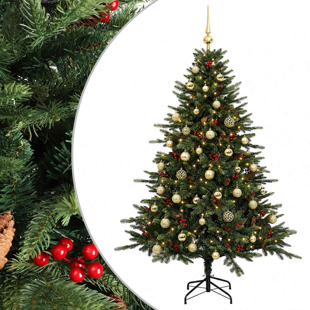 Konstgjord julgran med julkulor 150 cm 150 LED-lampor Varmvit