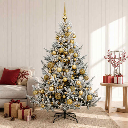 Konstgjord julgran med julkulor 150 cm 150 LED-lampor Varmvit