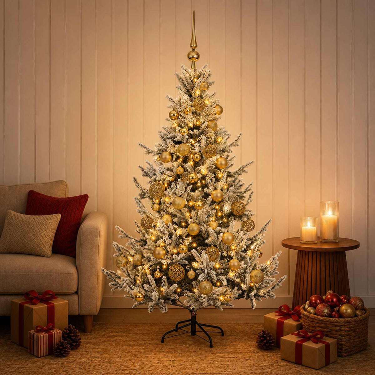 Konstgjord julgran med julkulor 150 cm 150 LED-lampor Varmvit