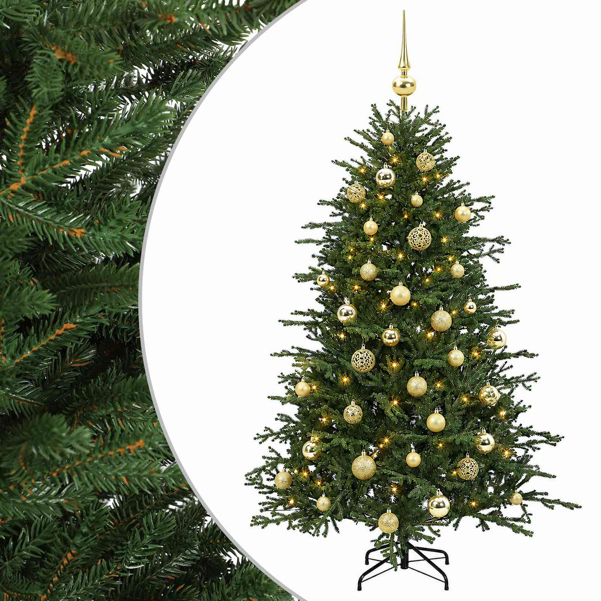 Konstgjord julgran med julkulor 120 cm 150 LED-lampor Varmvit