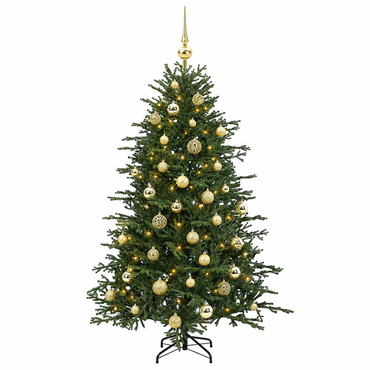 Konstgjord julgran med julkulor 120 cm 150 LED-lampor Varmvit