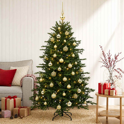 Konstgjord julgran med julkulor 150 cm 150 LED-lampor Varmvit