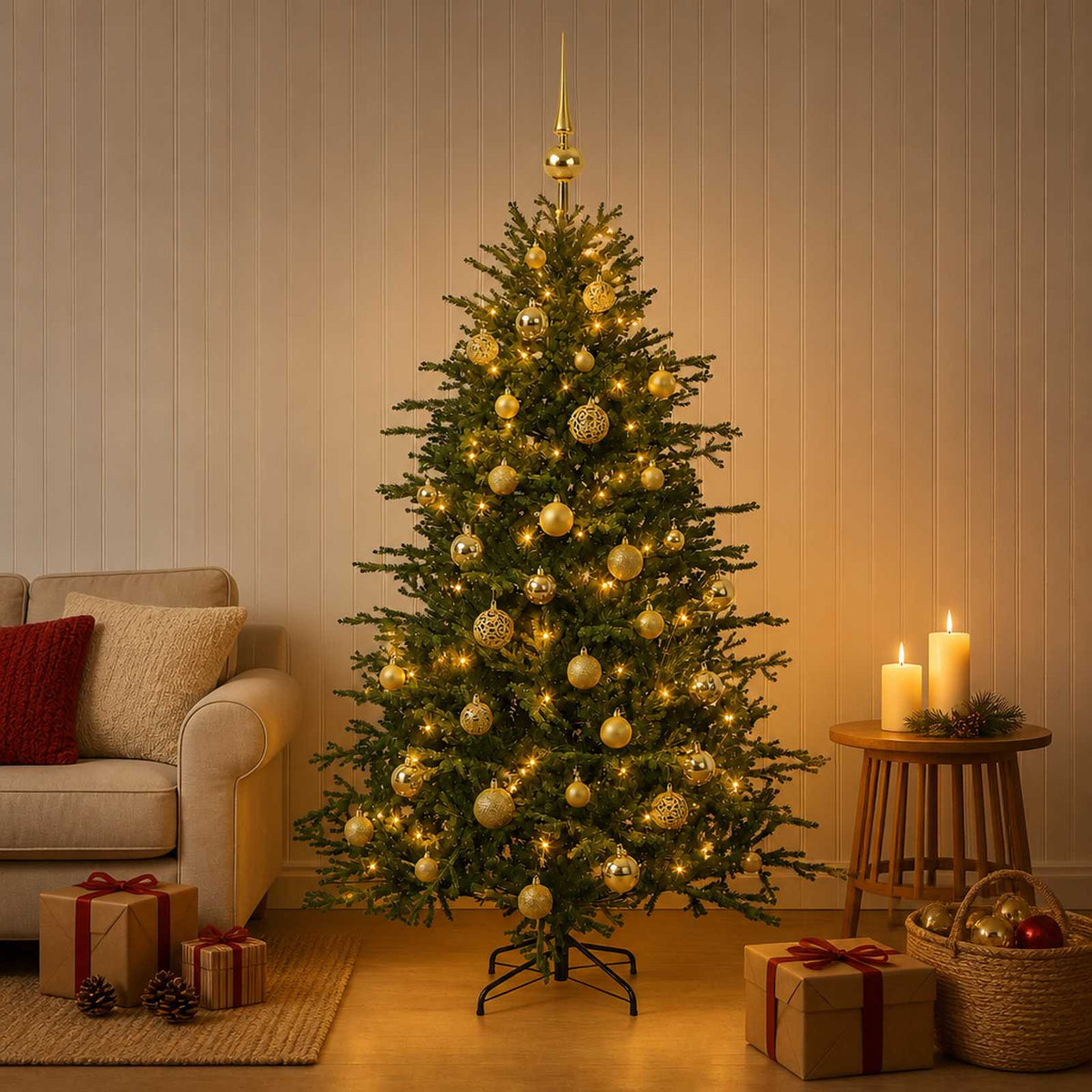 Konstgjord julgran med julkulor 150 cm 150 LED-lampor Varmvit