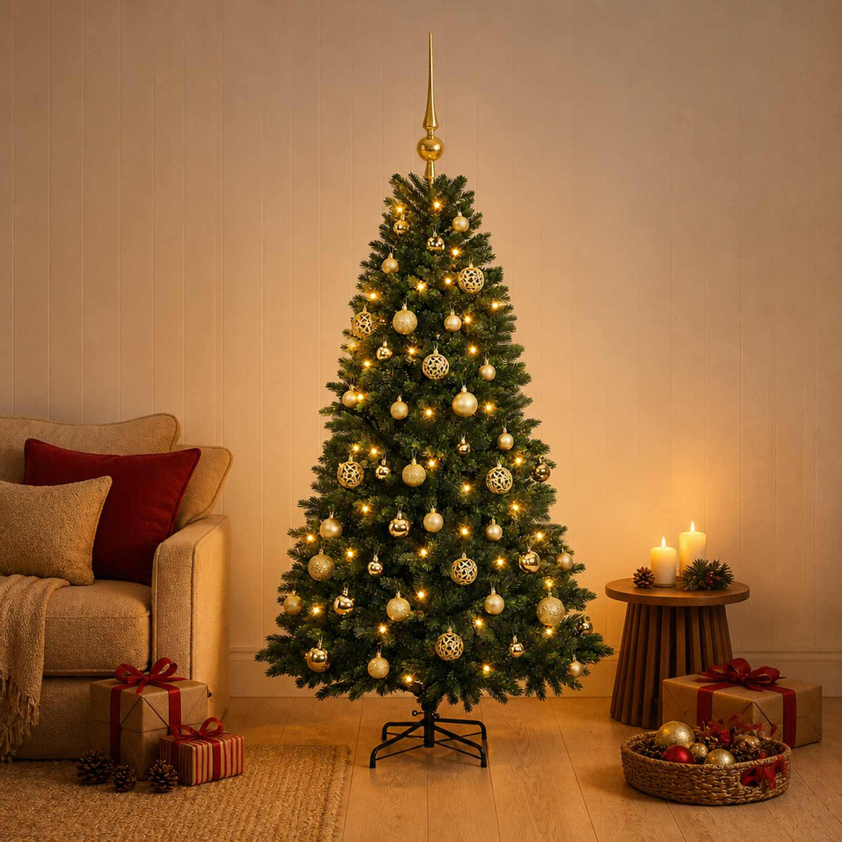 Konstgjord julgran med kulor 120 cm 150 LED-lampor Varmvit