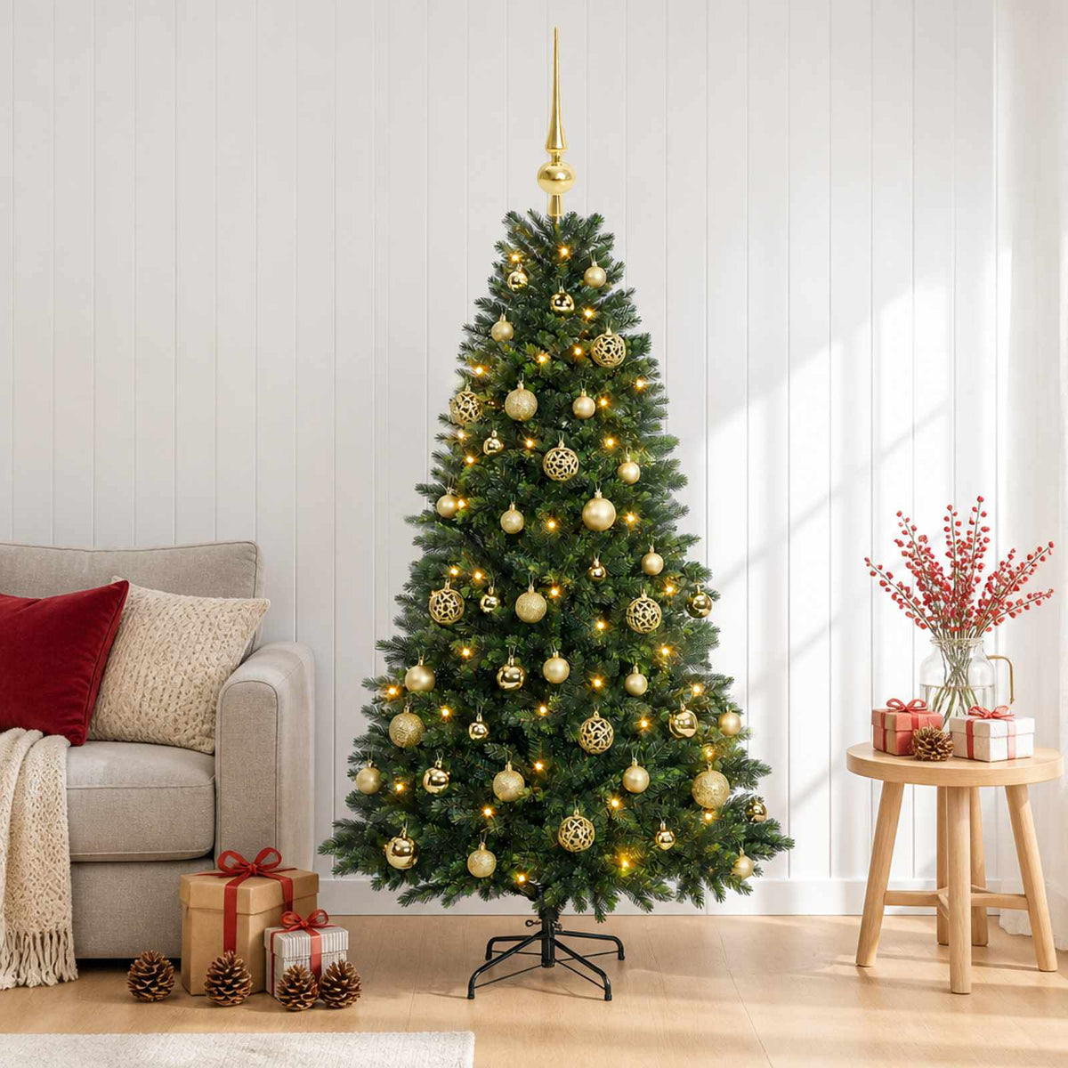Konstgjord julgran med kulor 150 cm 150 LED-lampor Varmvit