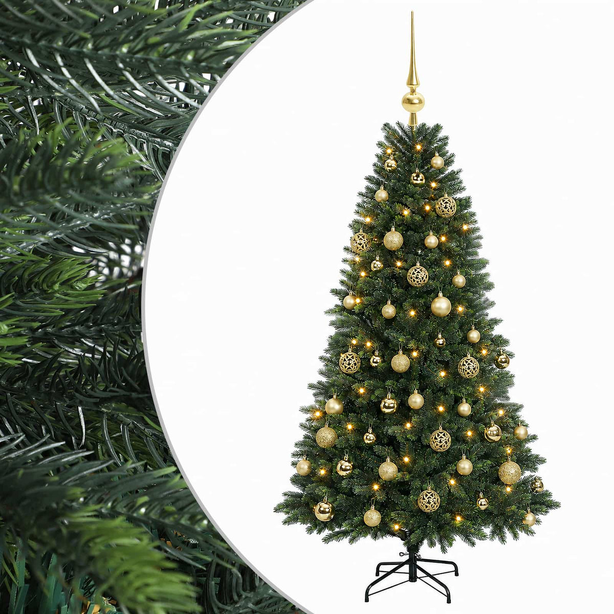 Konstgjord julgran med kulor 150 cm 150 LED-lampor Varmvit