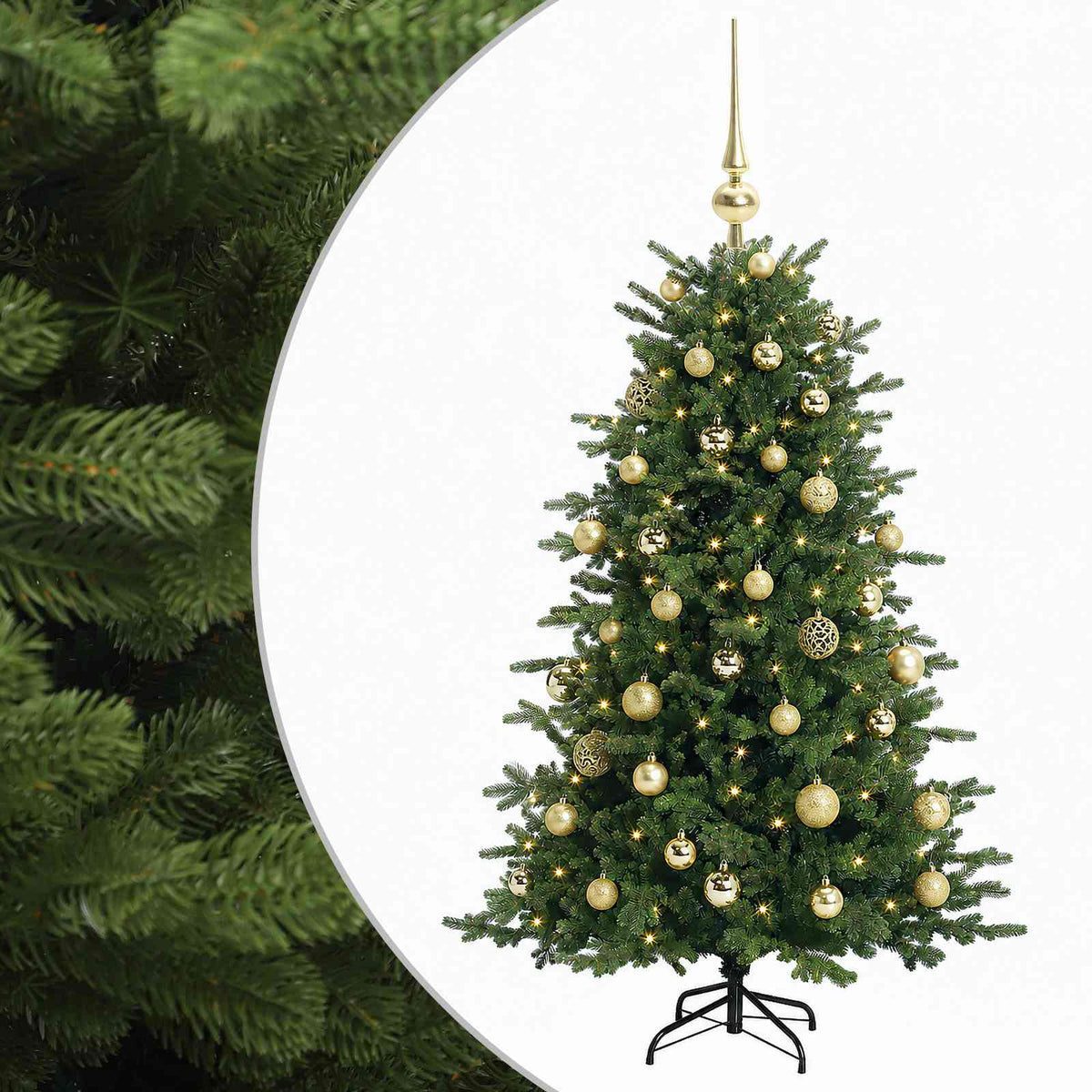 Konstgjord julgran med julkulor 120 cm 150 LED-lampor Varmvit