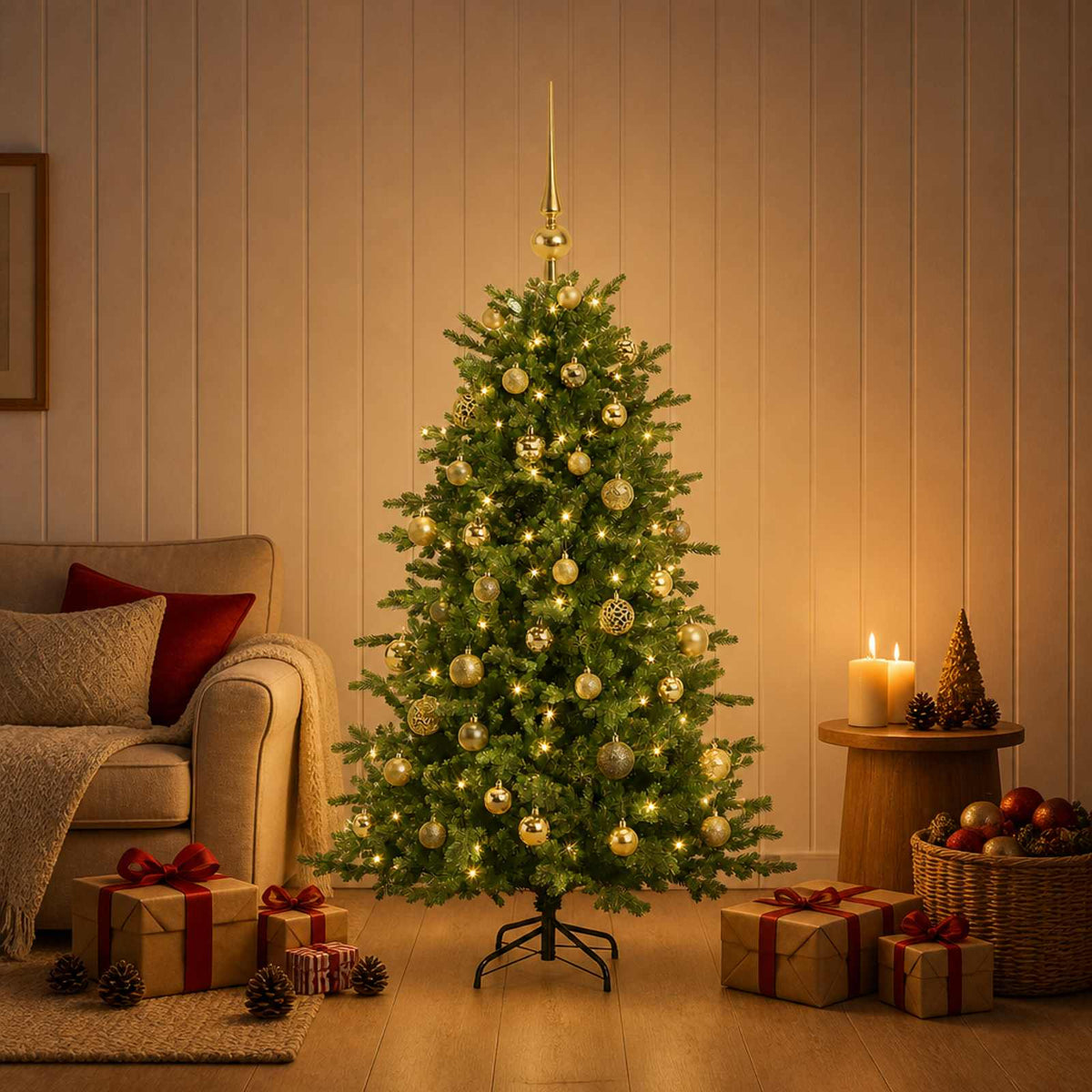 Konstgjord julgran med julkulor 120 cm 150 LED-lampor Varmvit
