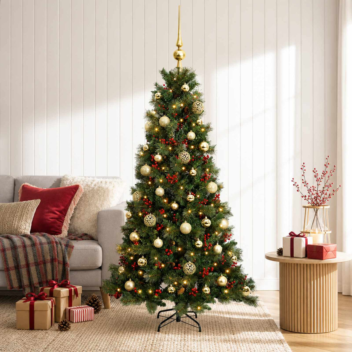 Konstgjord julgran med julkulor 150 cm 150 LED-lampor Varmvit