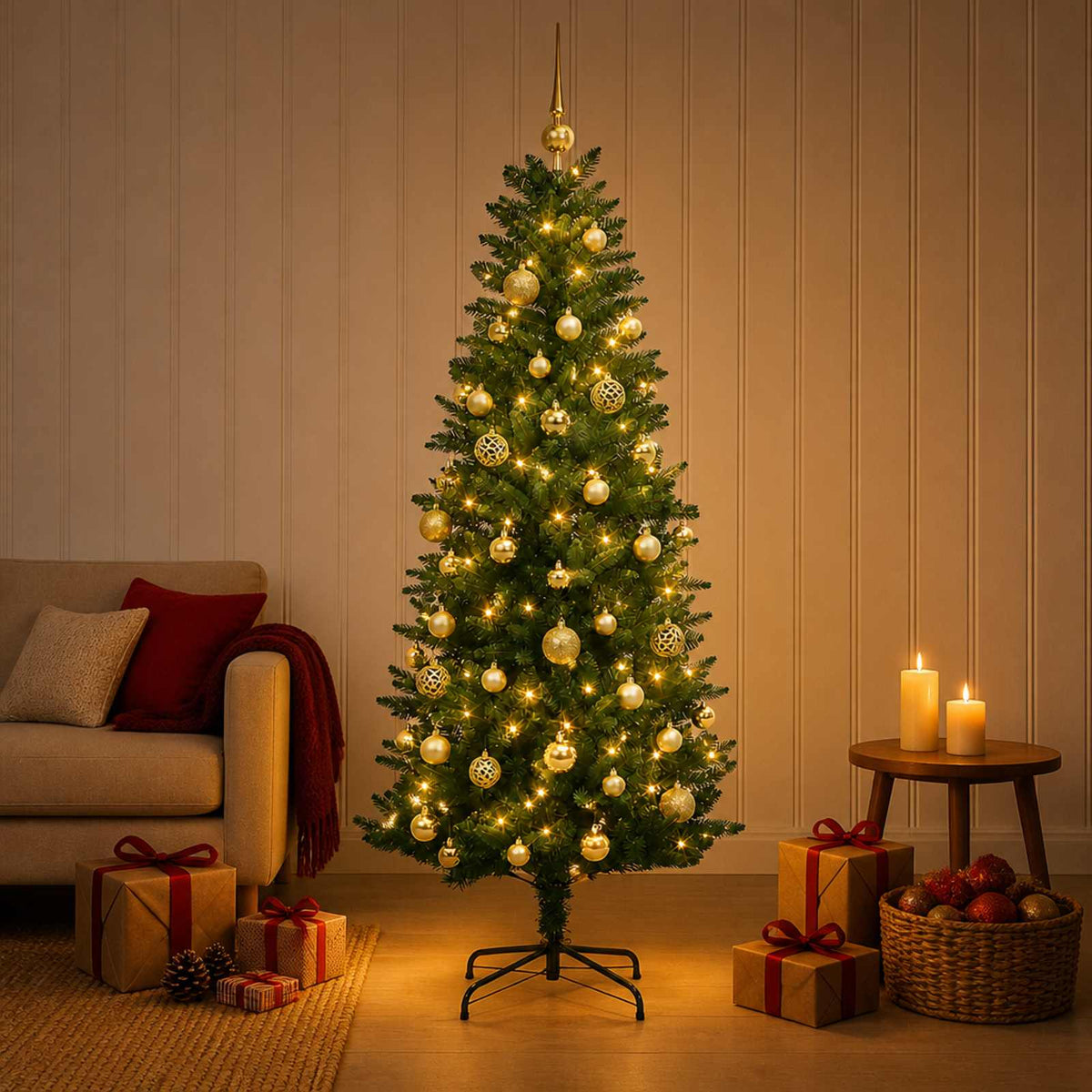 Konstgjord julgran med kulor 120 cm 150 LED-lampor Varmvit