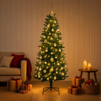 Konstgjord julgran med kulor 150 cm 150 LED-lampor Varmvit