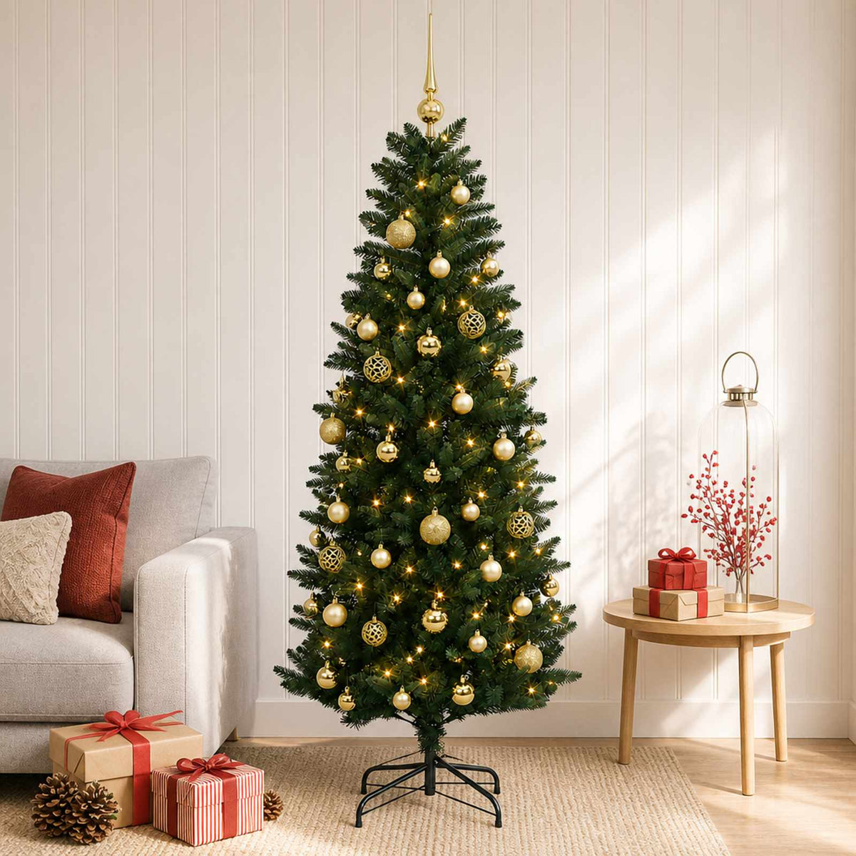Konstgjord julgran med kulor 120 cm 150 LED-lampor Varmvit