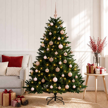 Konstgjord julgran med julkulor 150 cm 150 LED-lampor Varmvit